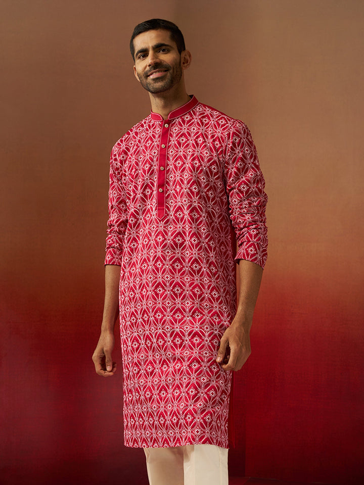 Men Red Linen Silk Thread Embroidered Kurta