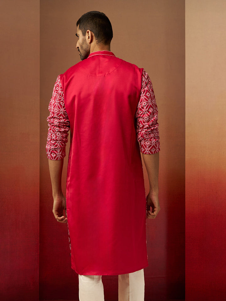 Men Red Linen Silk Thread Embroidered Kurta