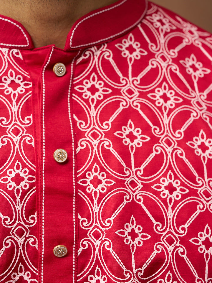 Men Red Linen Silk Thread Embroidered Kurta