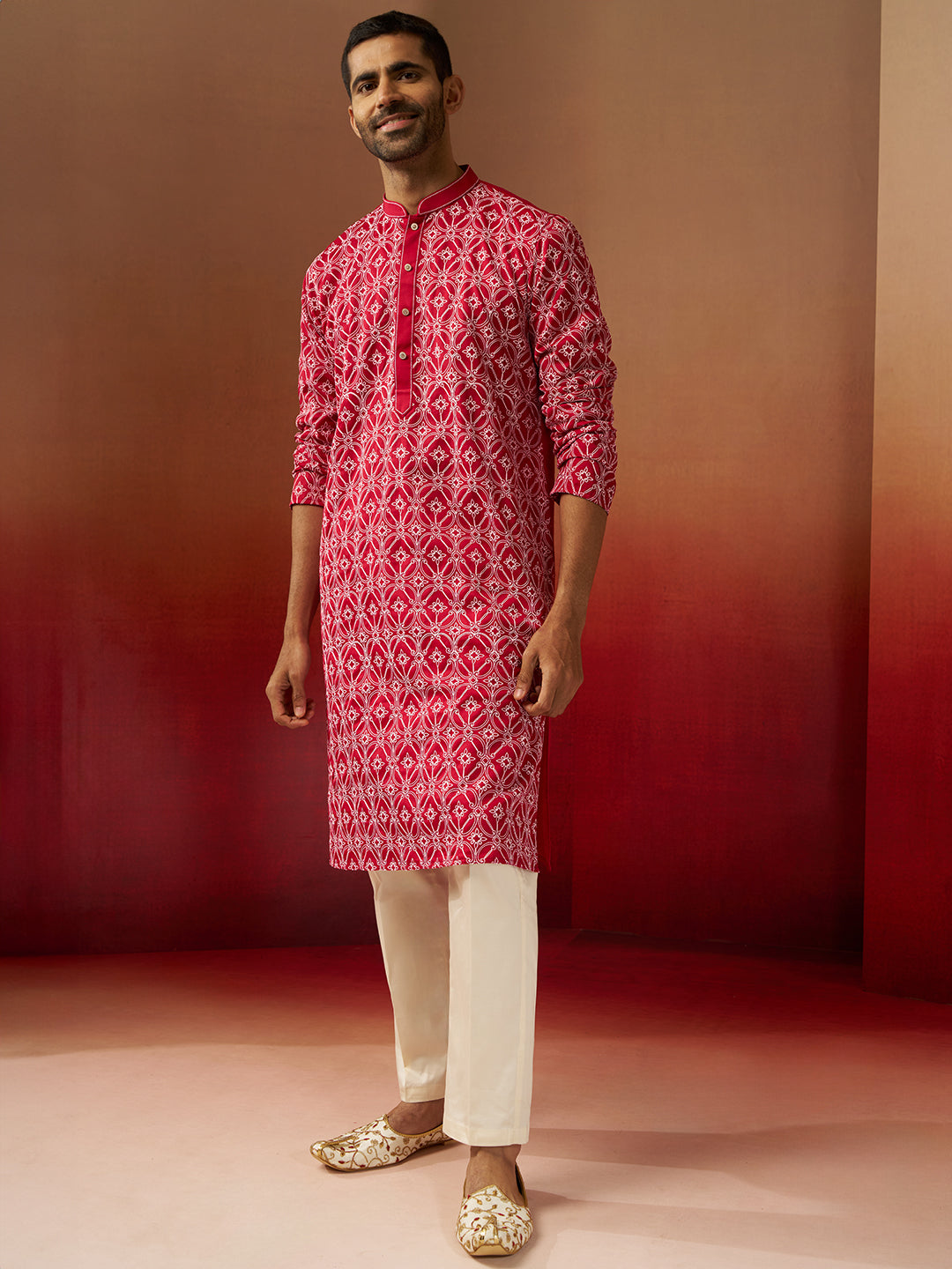Men's Red Linen Silk Kurta with Cream Pants