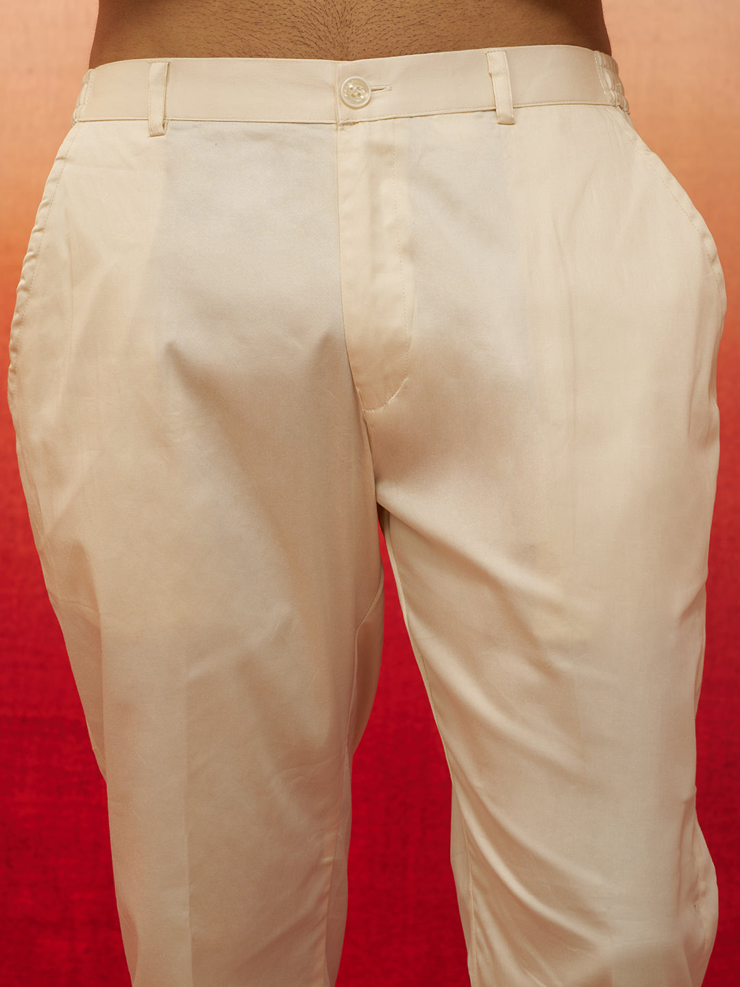 Men's Red Linen Silk Kurta with Cream Pants