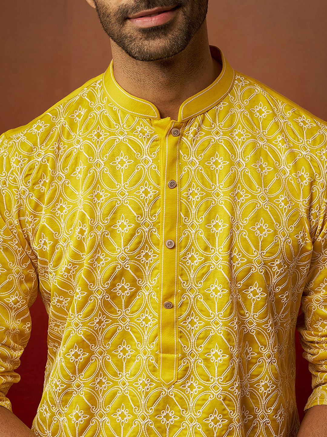 Men Yellow Linen Silk Thread Embroidered Kurta