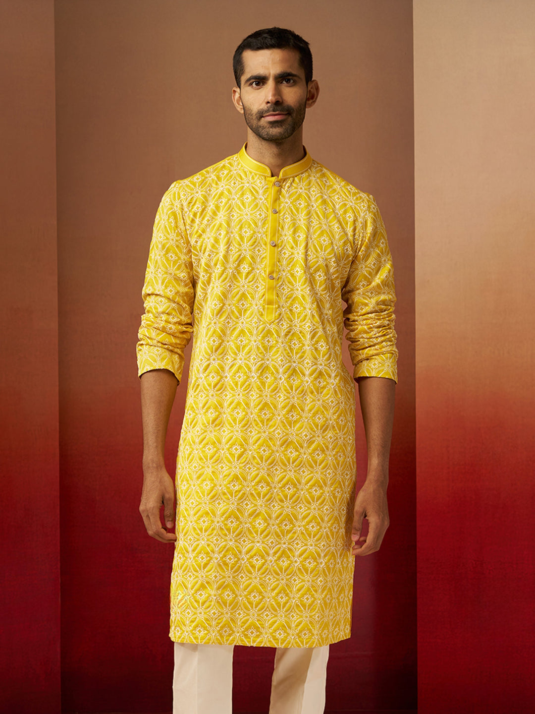 Men Yellow Linen Silk Thread Embroidered Kurta