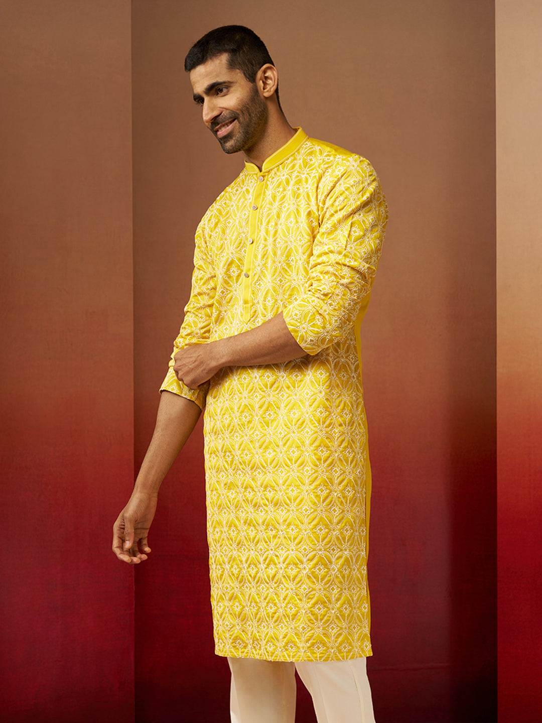 Men Yellow Linen Silk Thread Embroidered Kurta