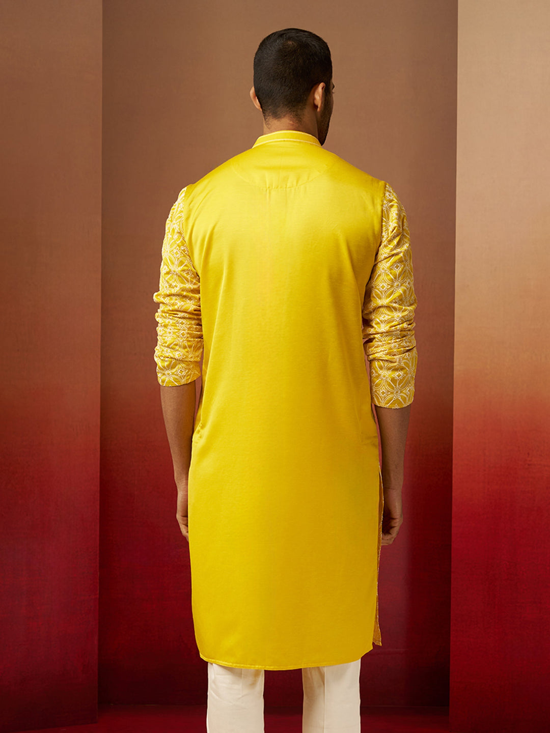 Men Yellow Linen Silk Thread Embroidered Kurta
