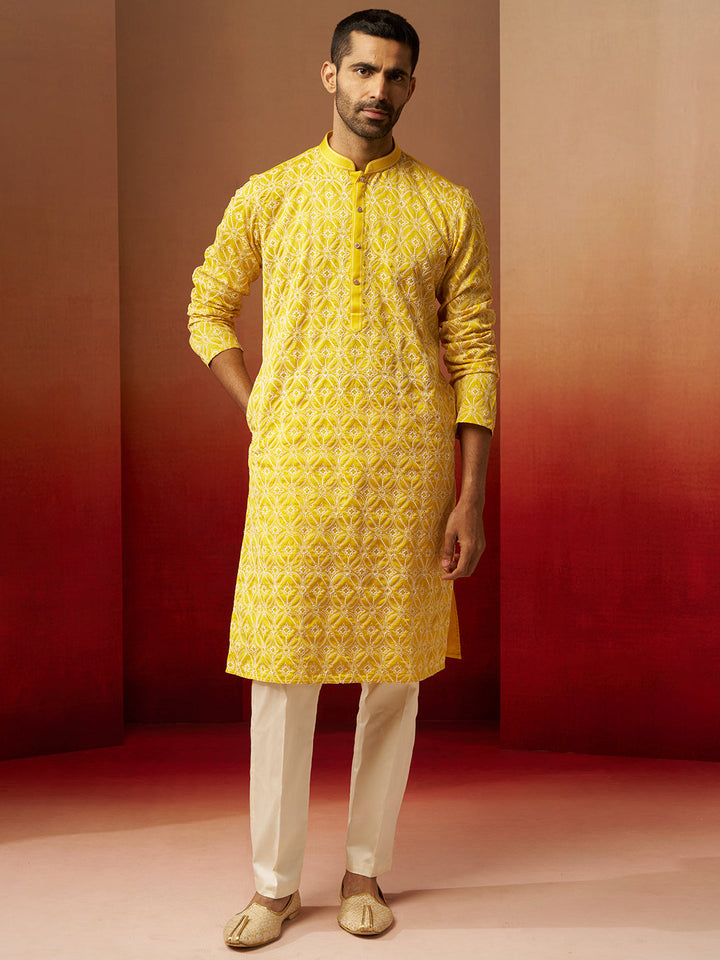 Men Yellow Linen Silk Thread Embroidered Kurta