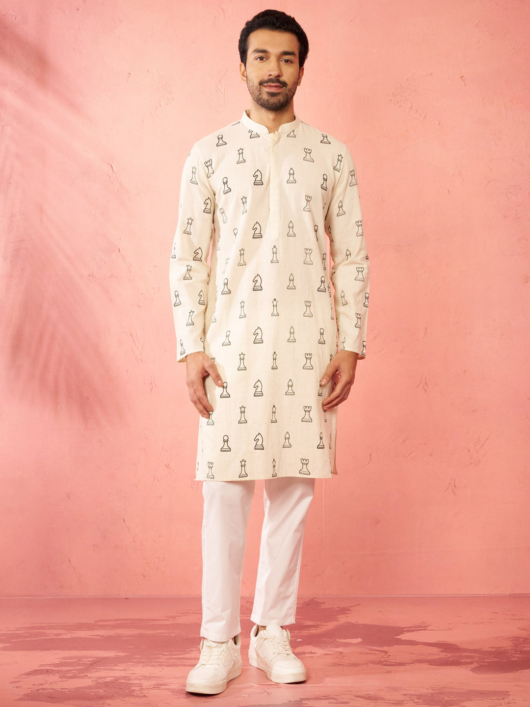 Men's Cream Cotton Kurta with White Pyjama
