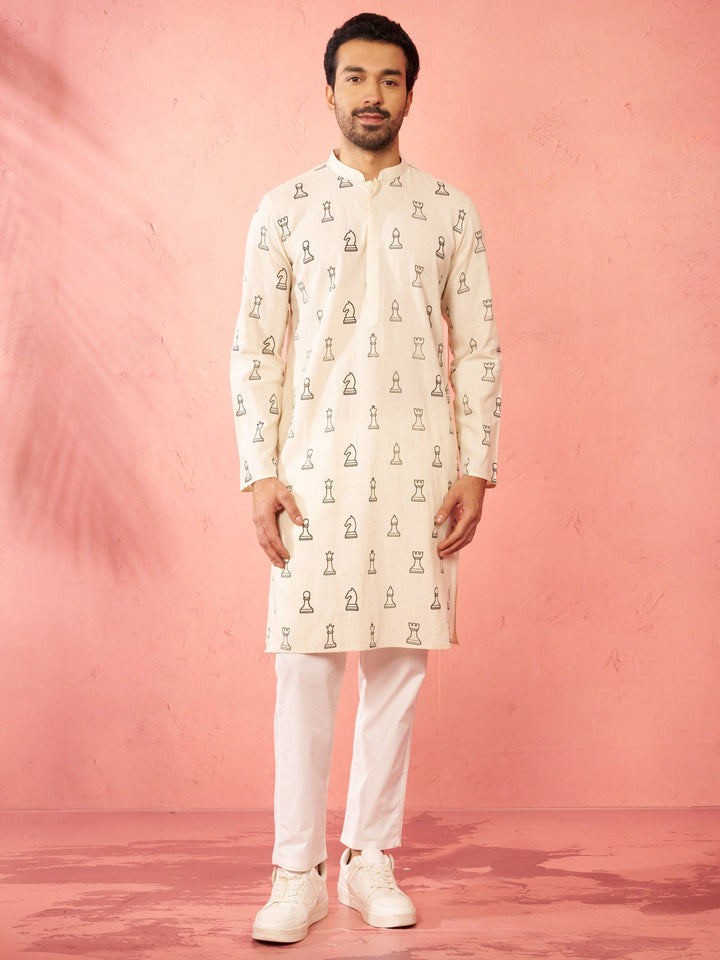Men's Cream Cotton Kurta with White Pyjama