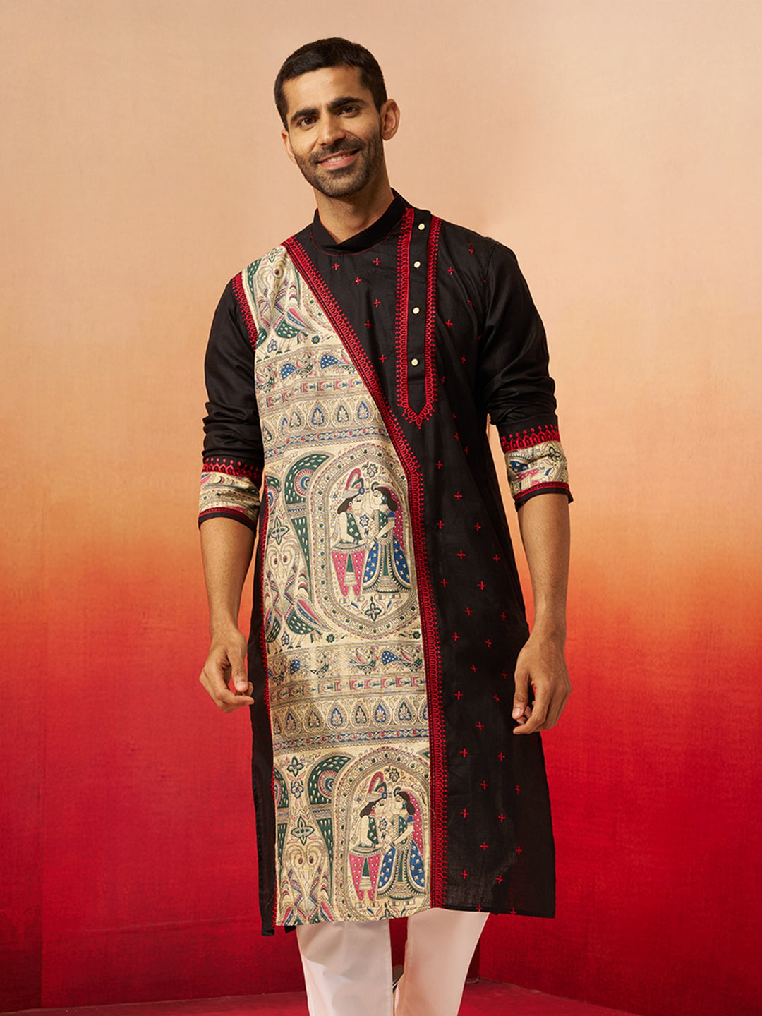 Men Black Cotton High Neck Digital Print Kurta