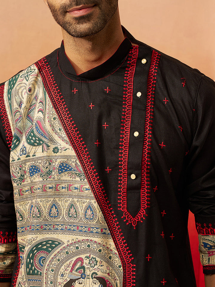 Men Black Cotton High Neck Digital Print Kurta