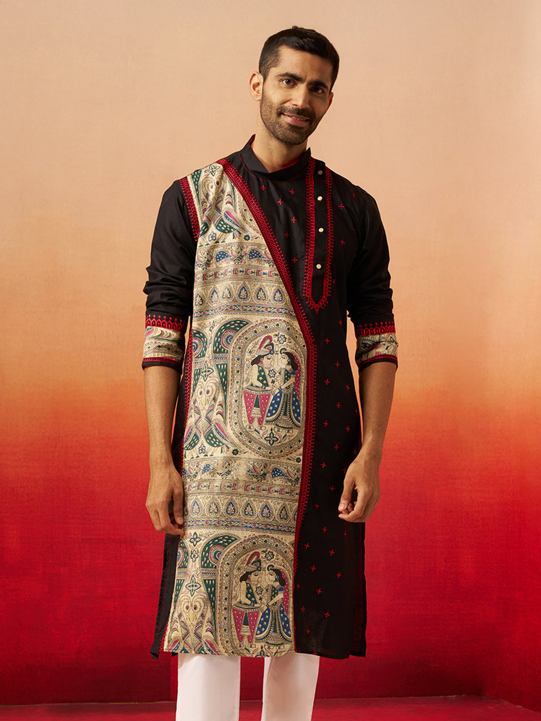 Men Black Cotton High Neck Digital Print Kurta
