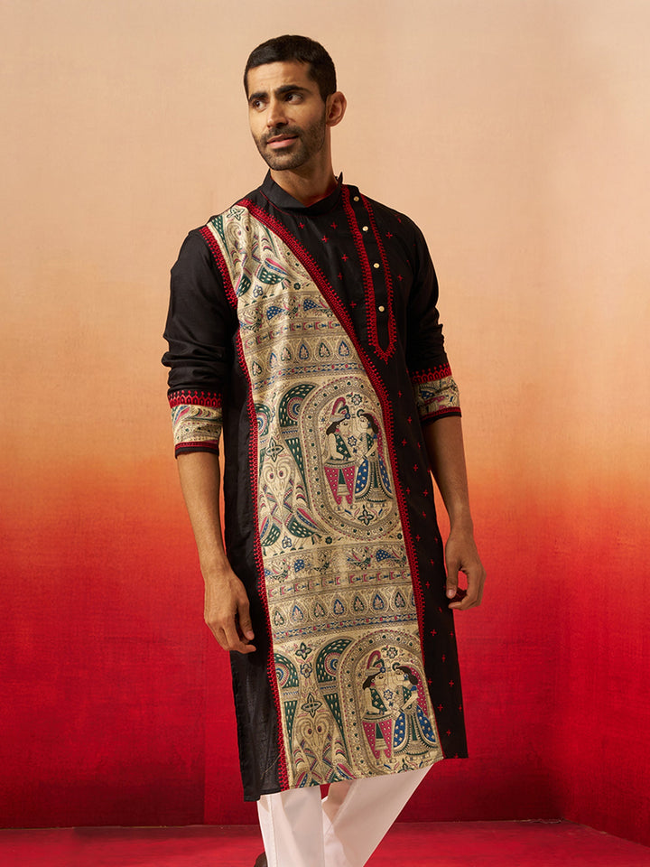 Men Black Cotton High Neck Digital Print Kurta