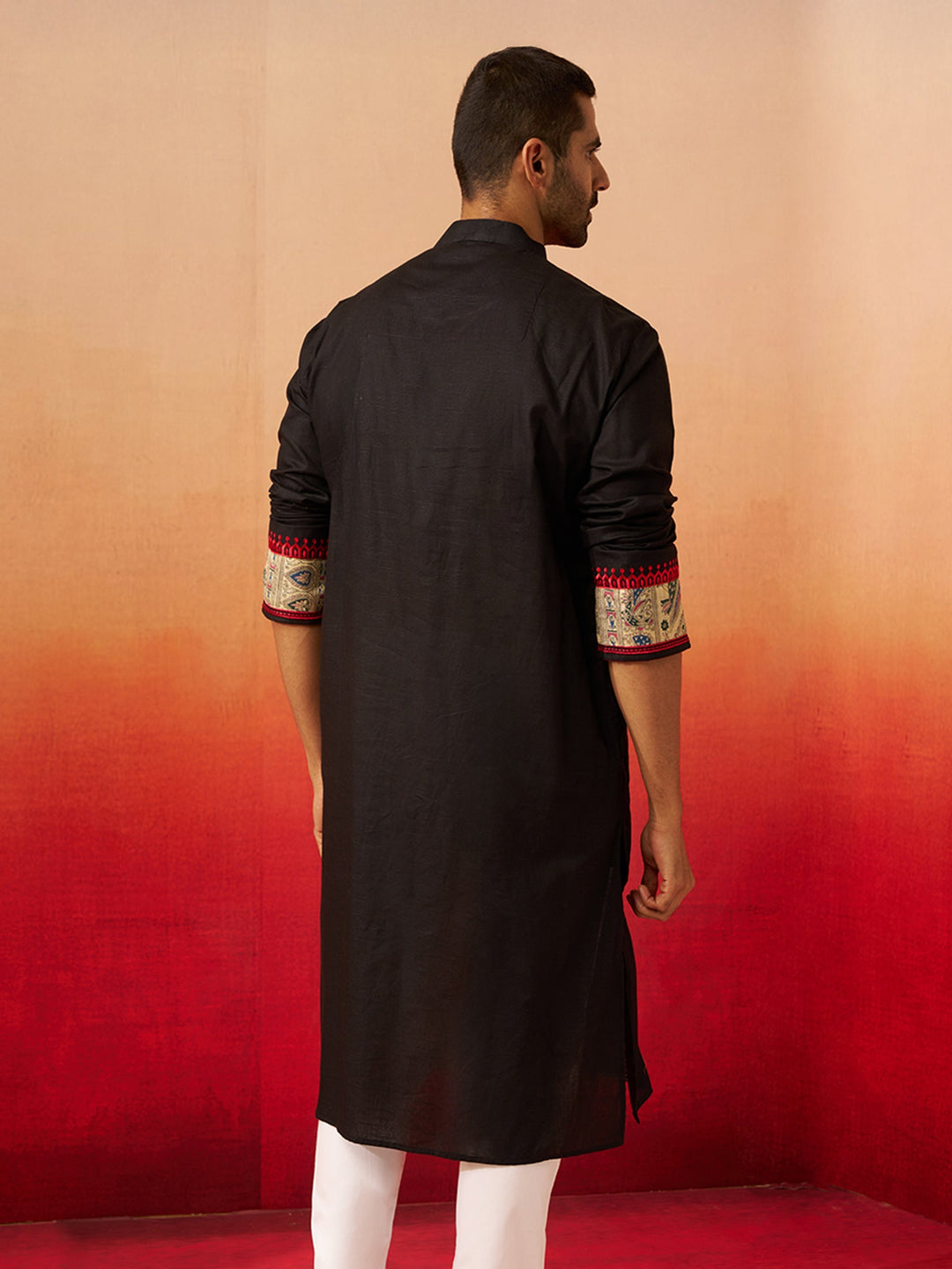 Men Black Cotton High Neck Digital Print Kurta