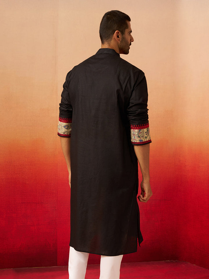 Men Black Cotton High Neck Digital Print Kurta