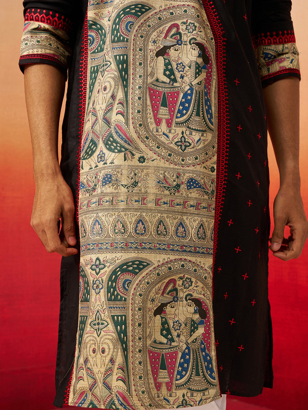 Men Black Cotton High Neck Digital Print Kurta