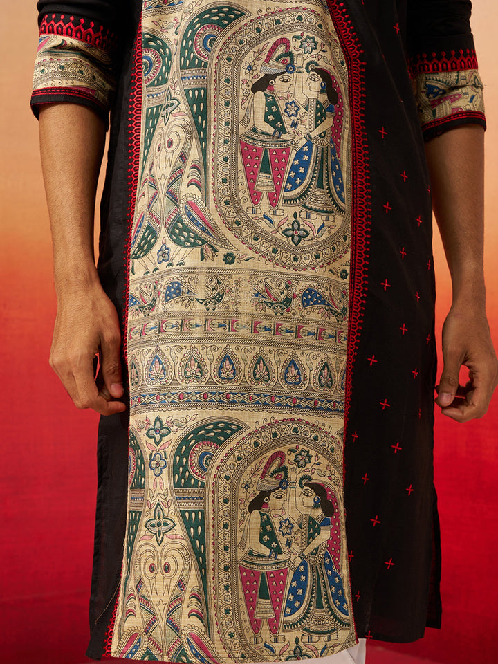 Men Black Cotton High Neck Digital Print Kurta