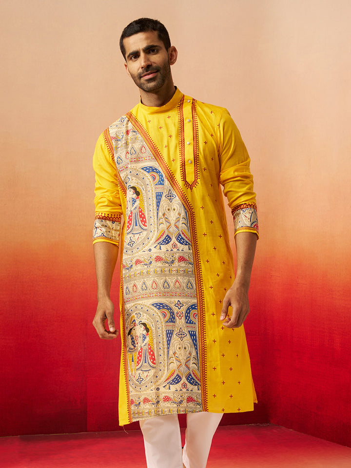 Men Yellow Cotton High Neck Digital Print Kurta