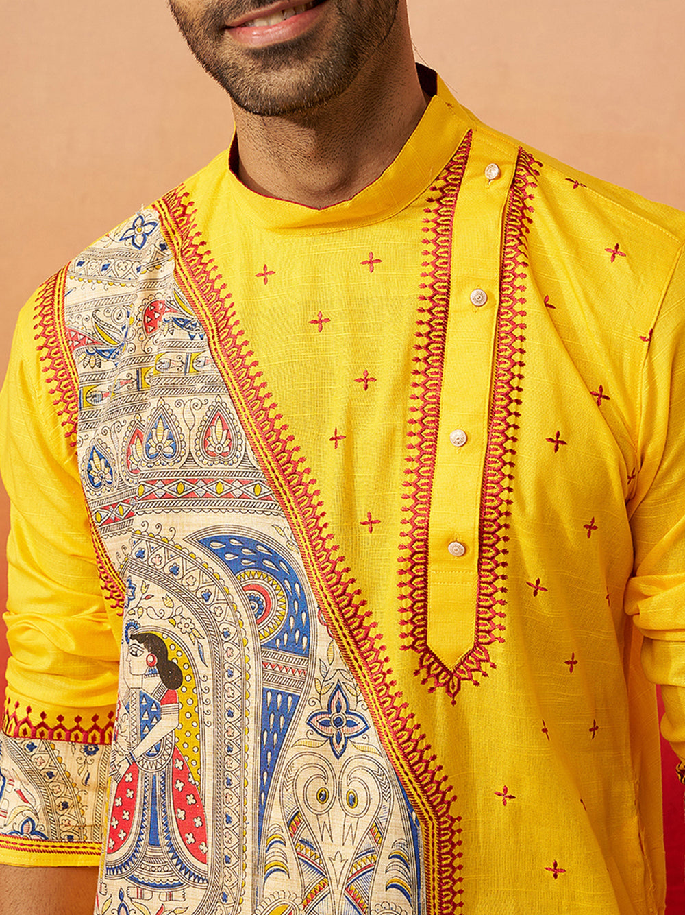 Men Yellow Cotton High Neck Digital Print Kurta