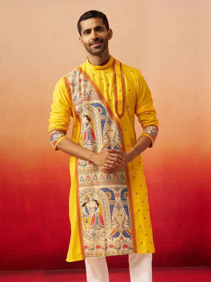 Men Yellow Cotton High Neck Digital Print Kurta