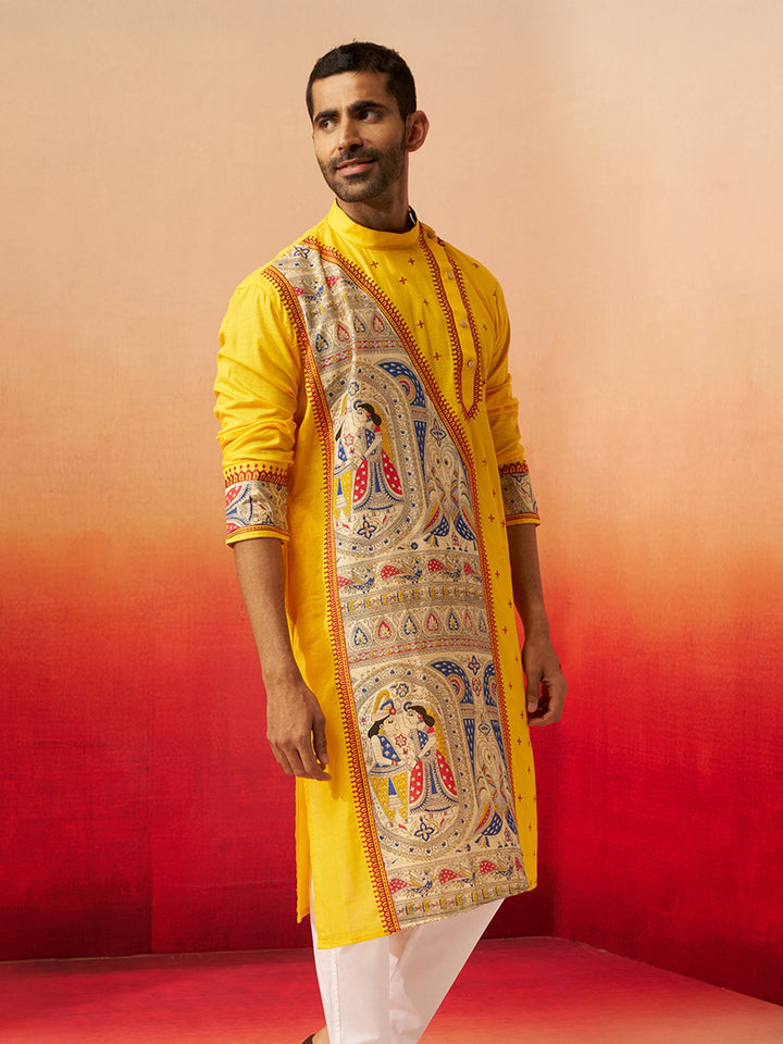 Men Yellow Cotton High Neck Digital Print Kurta