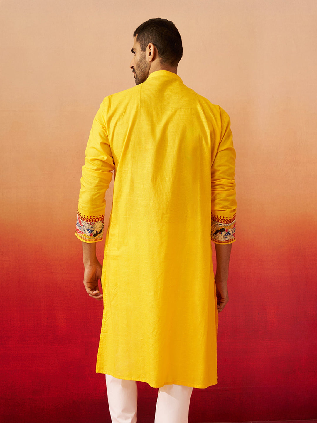 Men Yellow Cotton High Neck Digital Print Kurta