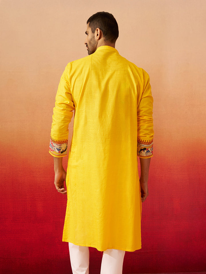 Men Yellow Cotton High Neck Digital Print Kurta