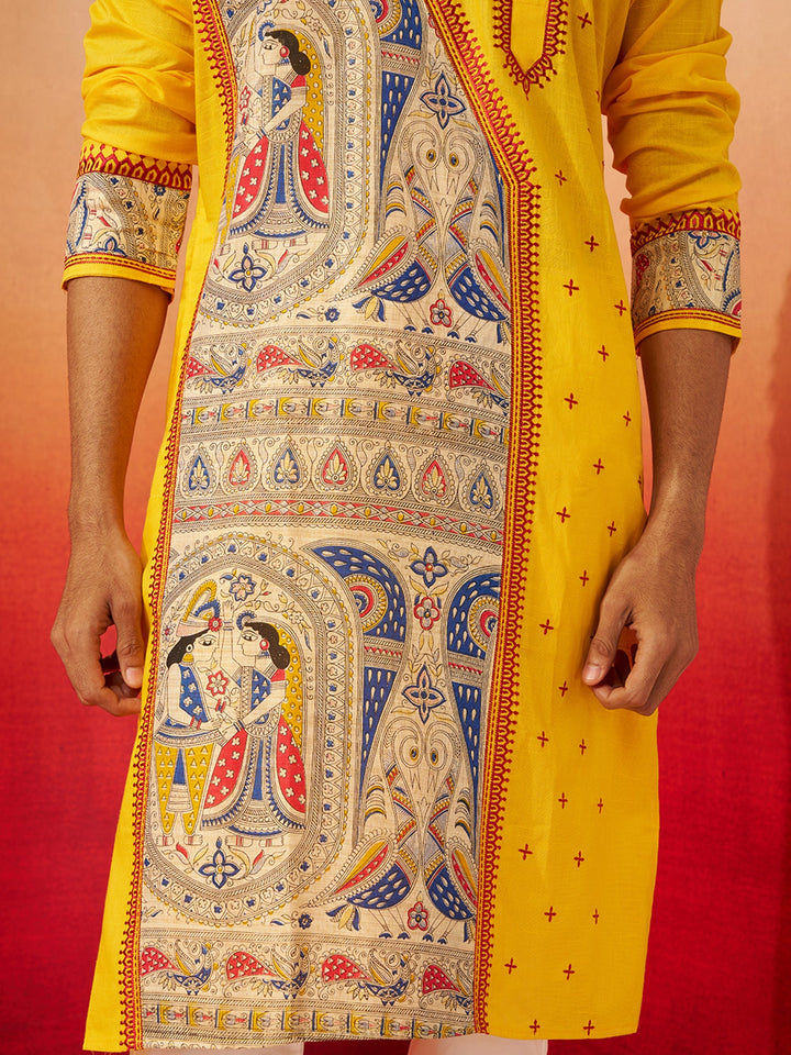 Men Yellow Cotton High Neck Digital Print Kurta