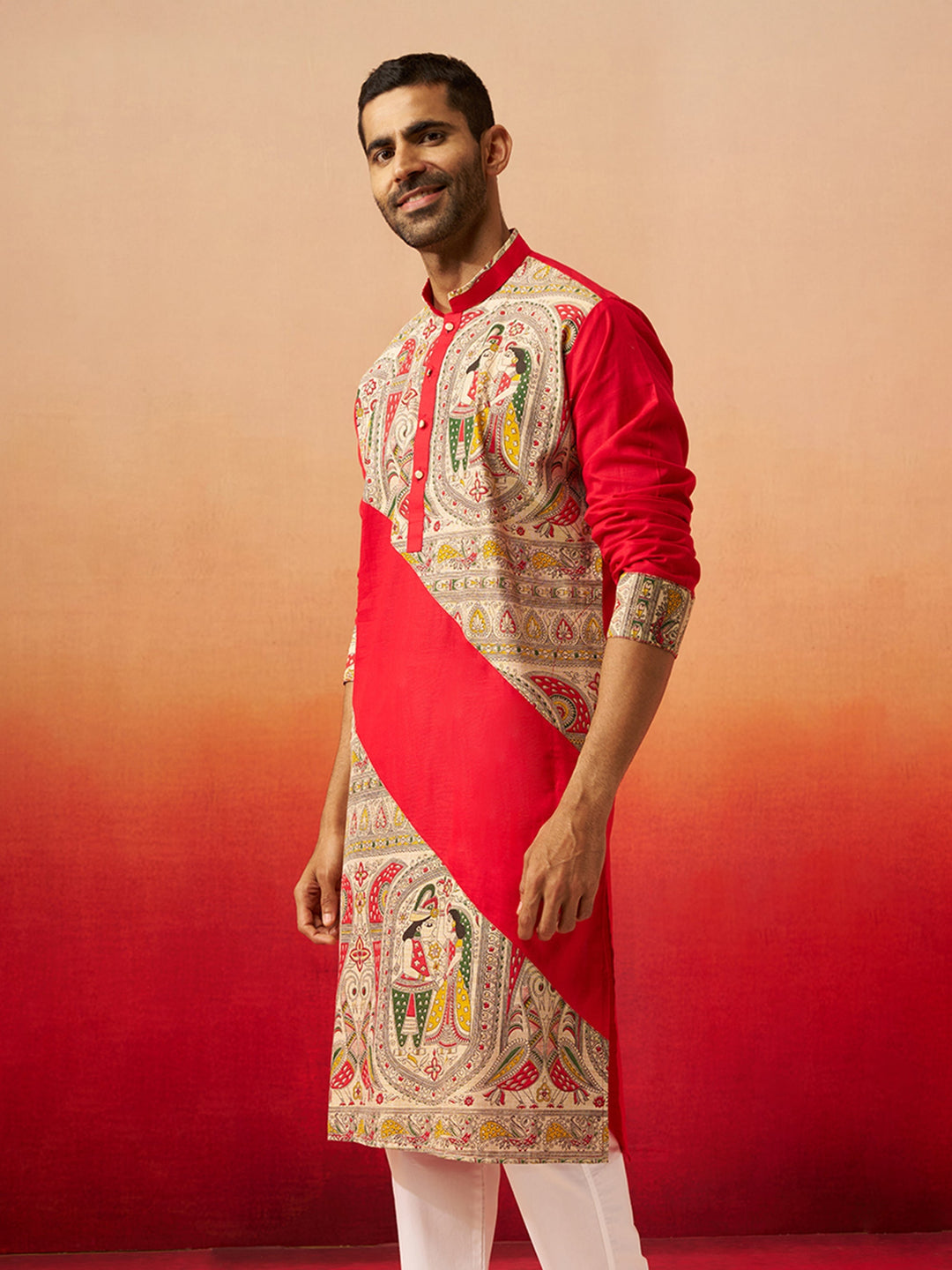 Men Maroon Cotton Digital Print Kurta