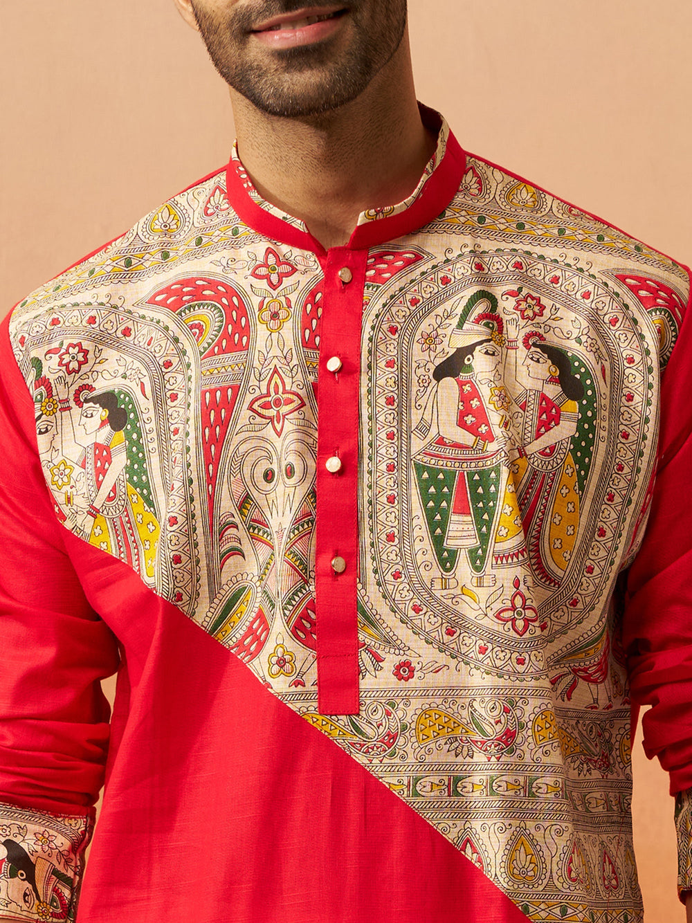 Men Maroon Cotton Digital Print Kurta