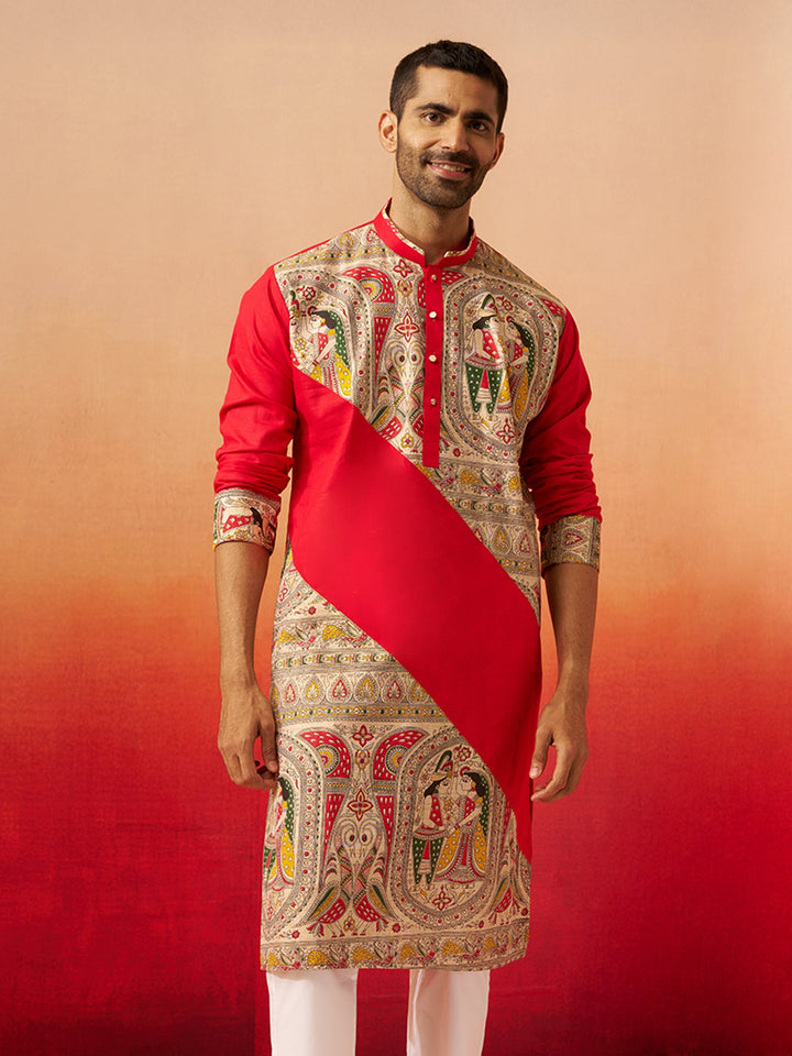 Men Maroon Cotton Digital Print Kurta