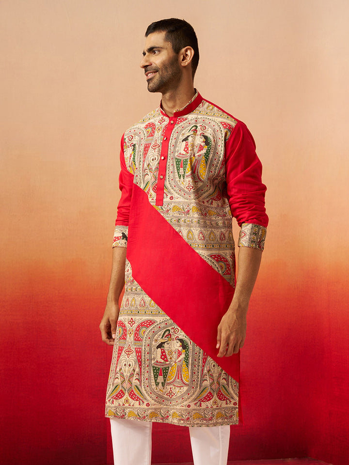 Men Maroon Cotton Digital Print Kurta