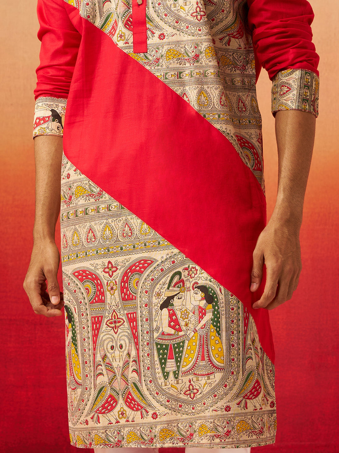 Men Maroon Cotton Digital Print Kurta