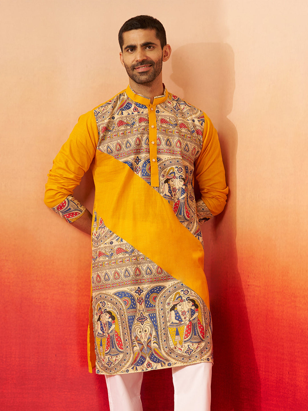 Men Yellow Cotton Digital Print Kurta