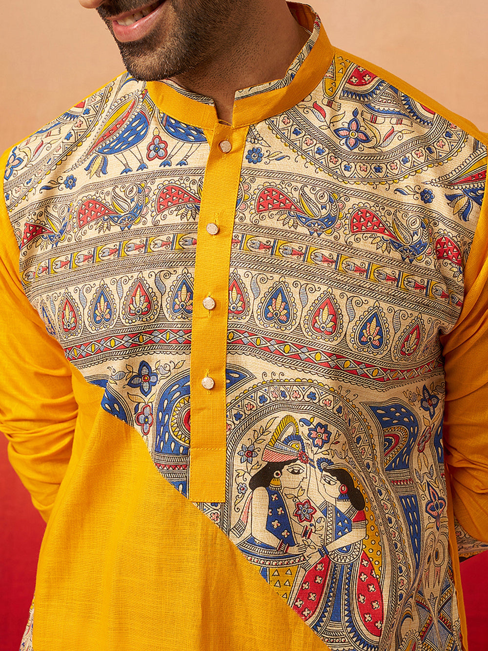 Men Yellow Cotton Digital Print Kurta