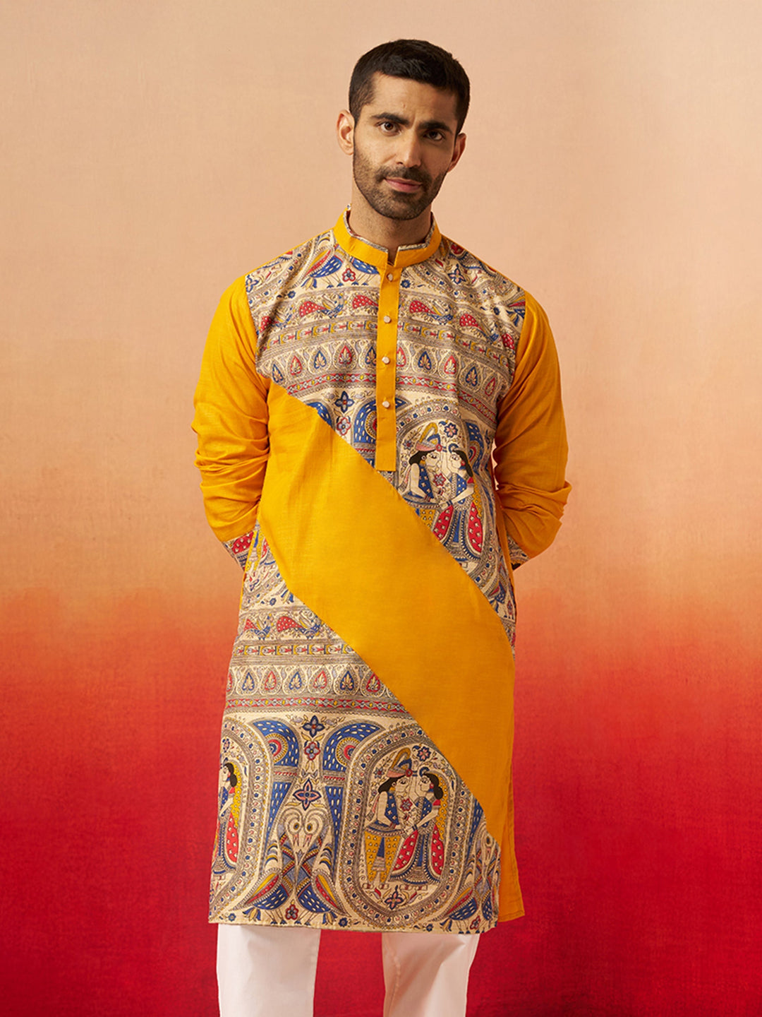 Men Yellow Cotton Digital Print Kurta