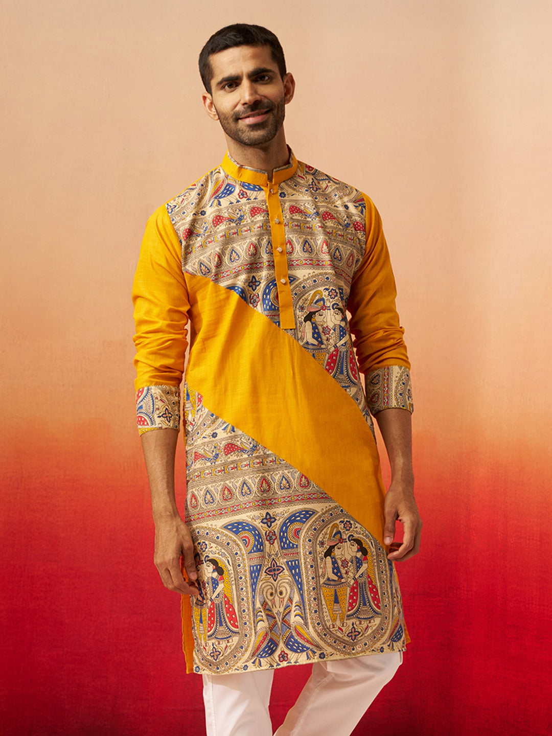 Men Yellow Cotton Digital Print Kurta
