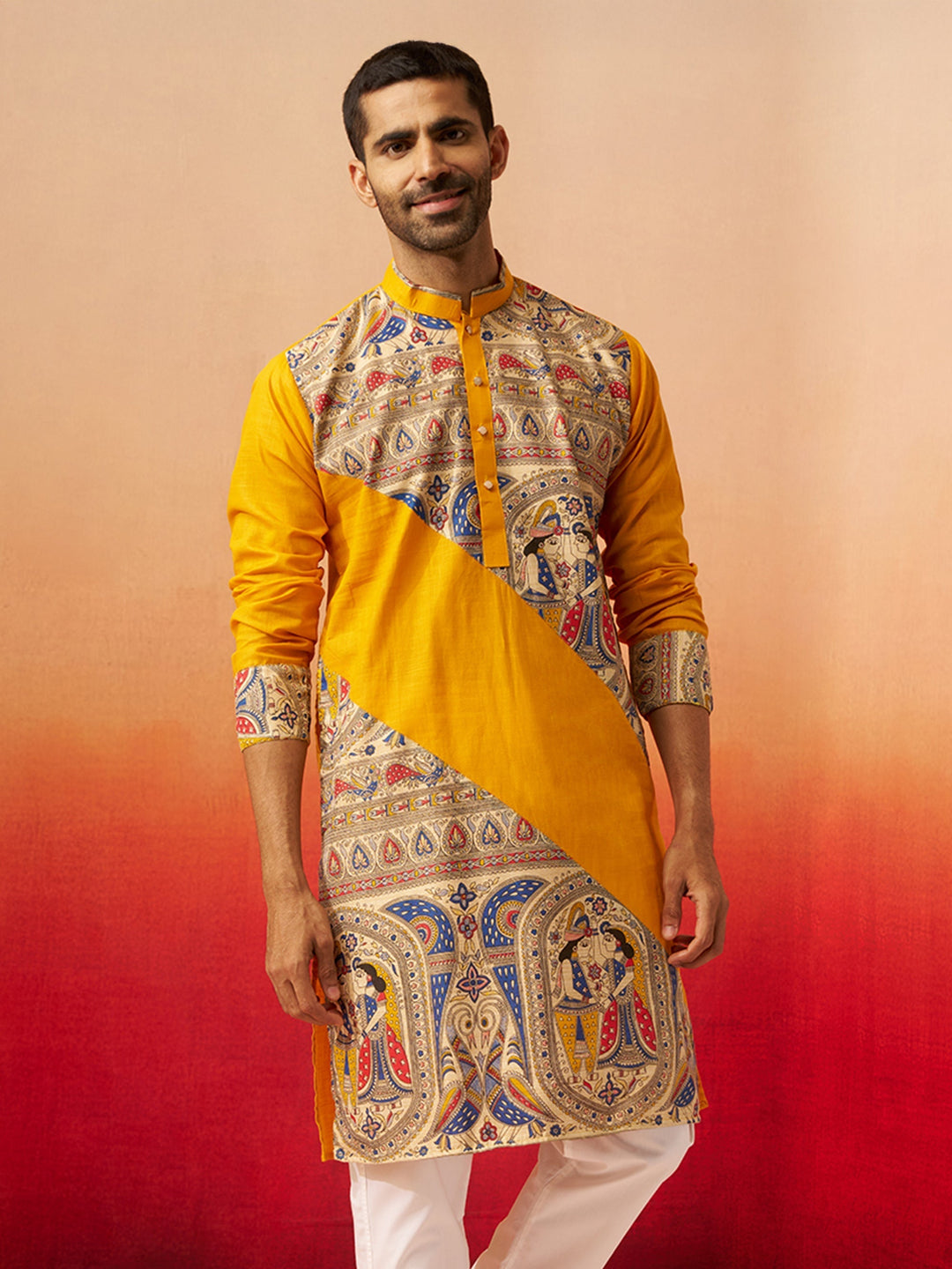 Men Yellow Cotton Digital Print Kurta