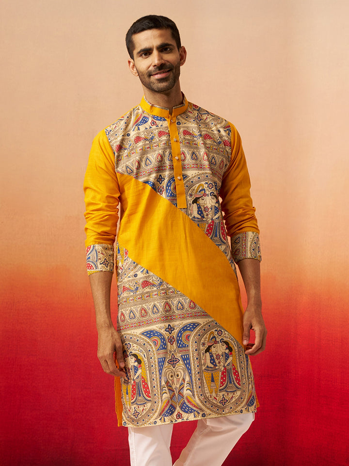 Men Yellow Cotton Digital Print Kurta