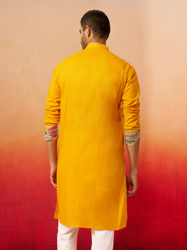 Men Yellow Cotton Digital Print Kurta