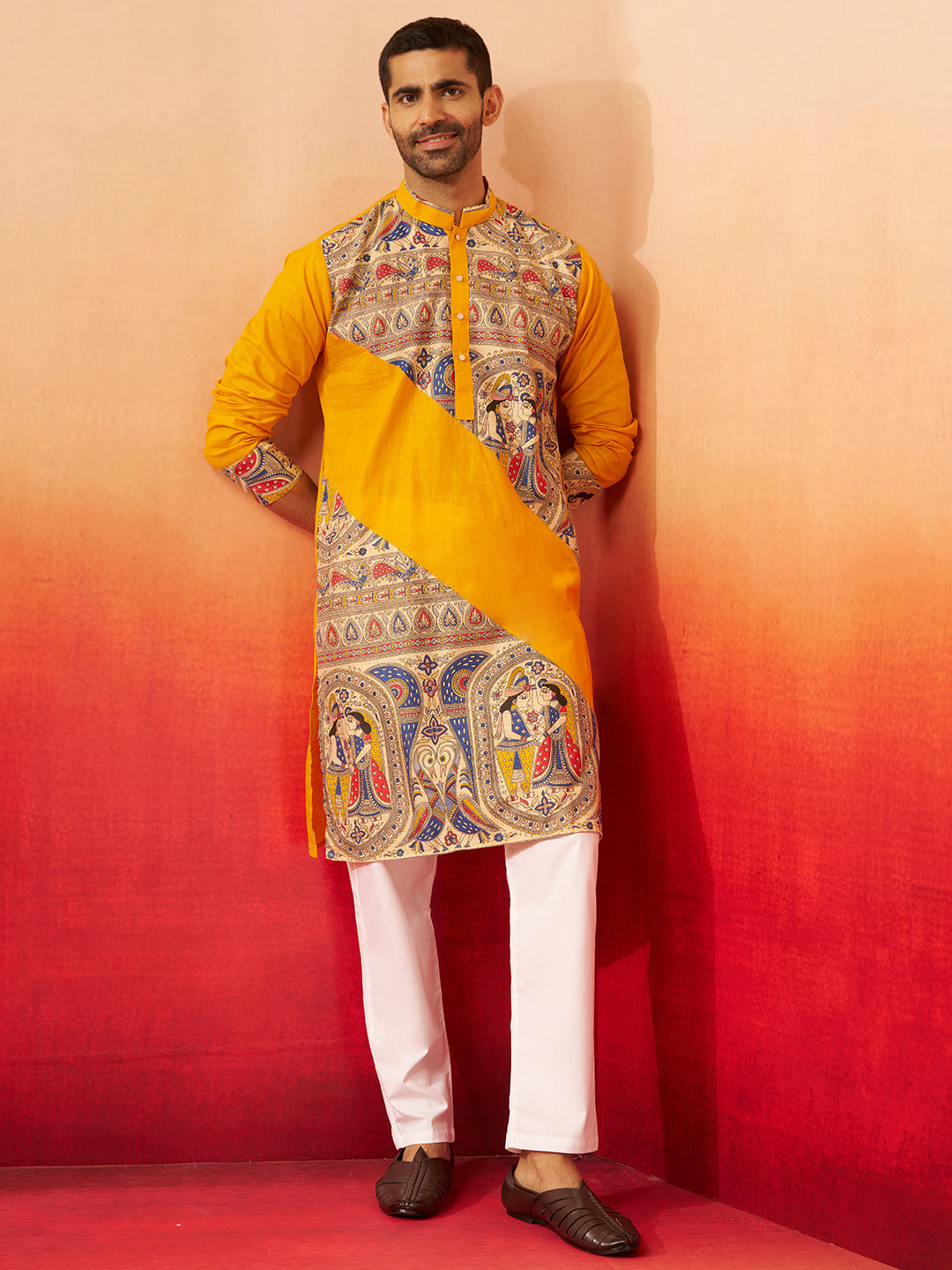 Men's Yellow Digital Print Kurta with Pyjama