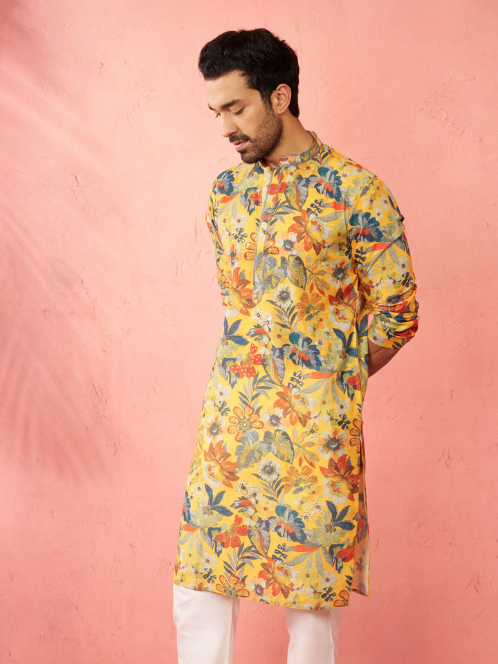 Men's Mustard Cotton Linen Long Kurta