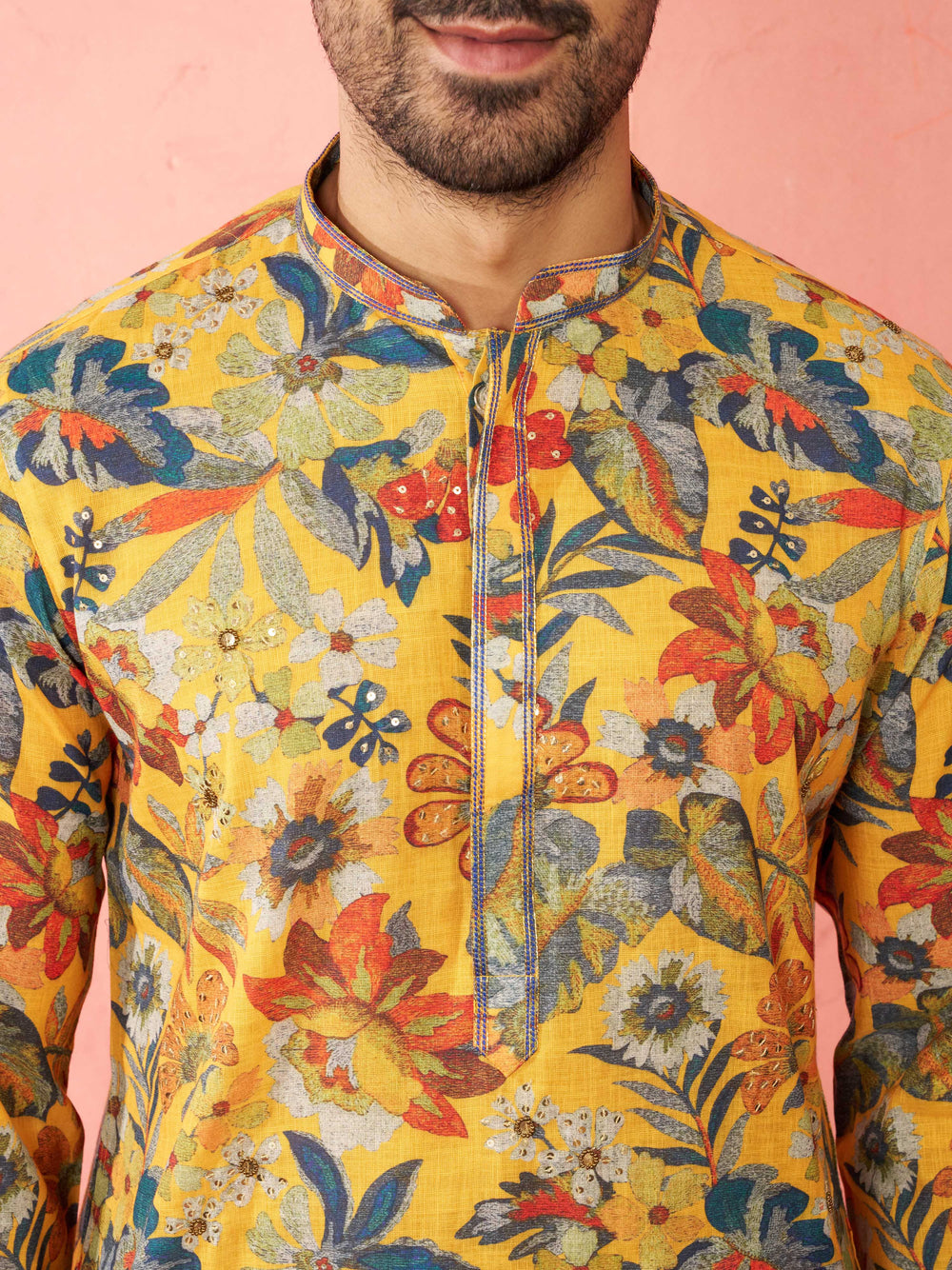 Men's Mustard Cotton Linen Kurta Set with Cream Pyjama