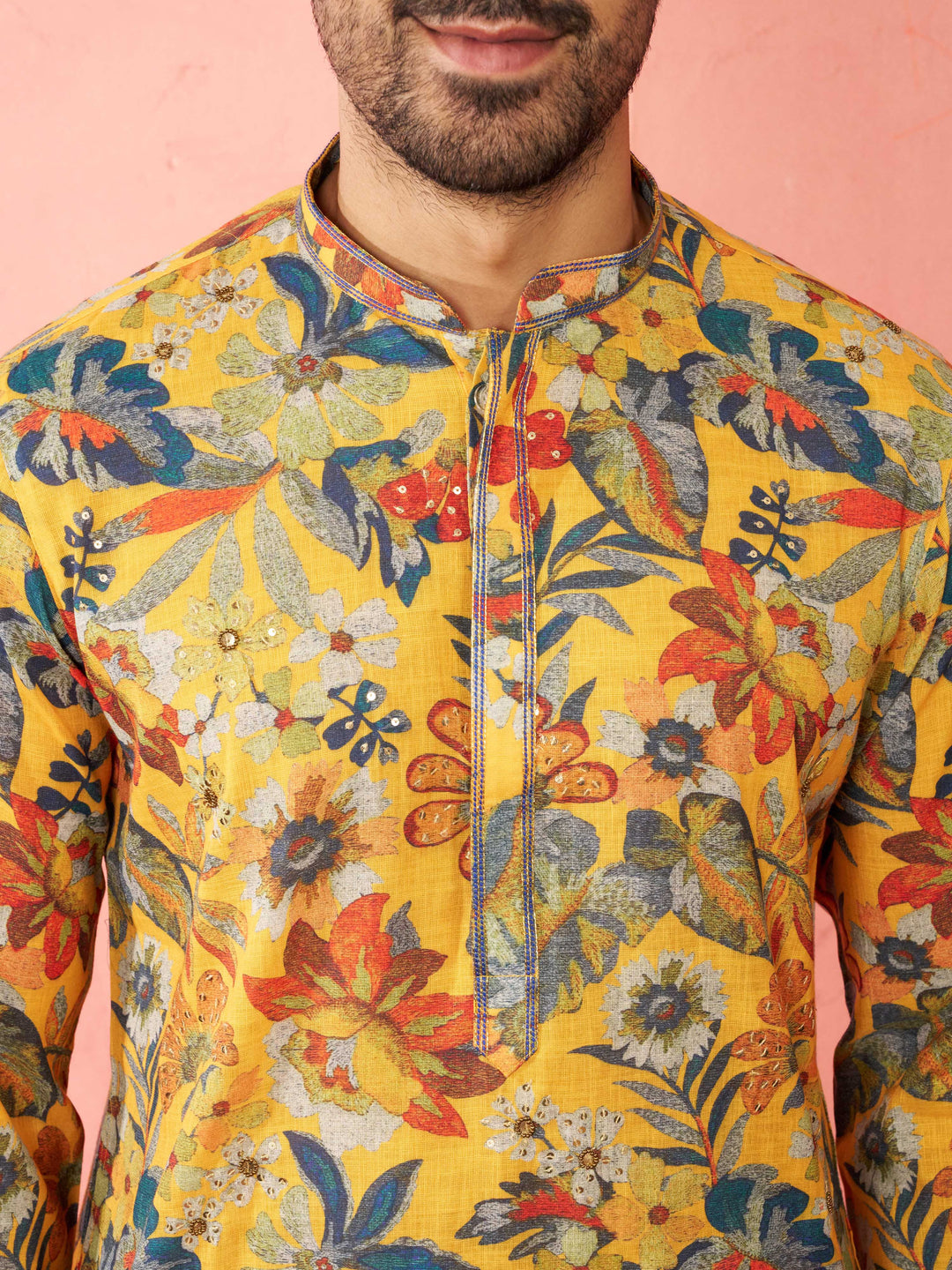 Men's Mustard Cotton Linen Kurta Set with Cream Pyjama