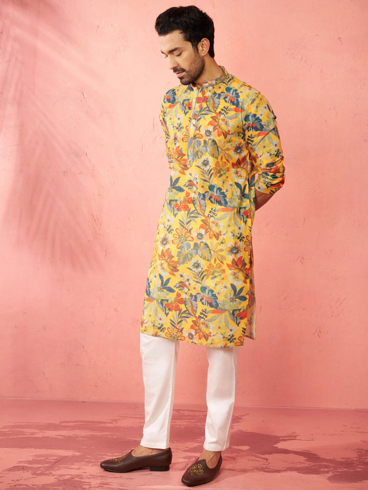 Men's Mustard Cotton Linen Kurta Set with Cream Pyjama