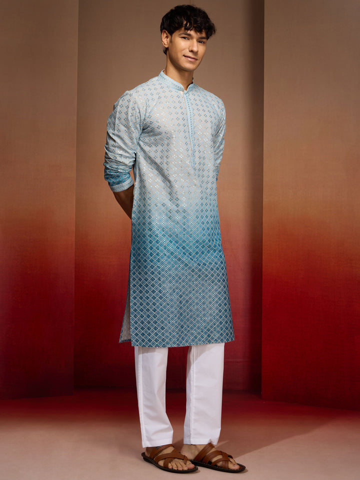 Men's Aqua Cotton Sequin Ombre Kurta with White Trousers