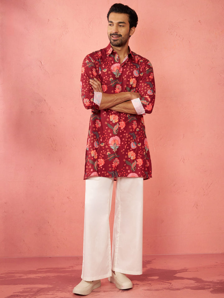 Men's Maroon Rayon Kurta