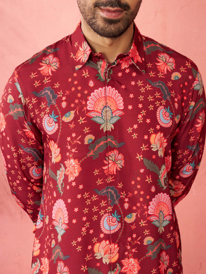 Men's Maroon Rayon Kurta with Cream Flare Pant