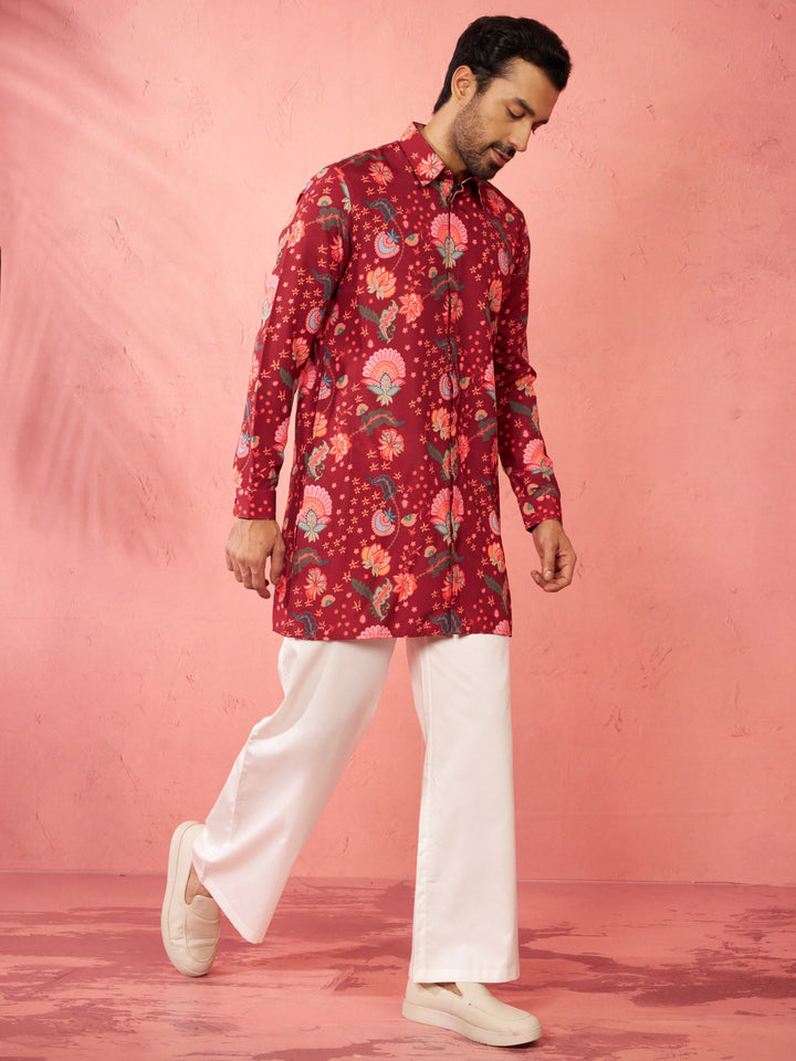 Men's Maroon Rayon Kurta with Cream Flare Pant