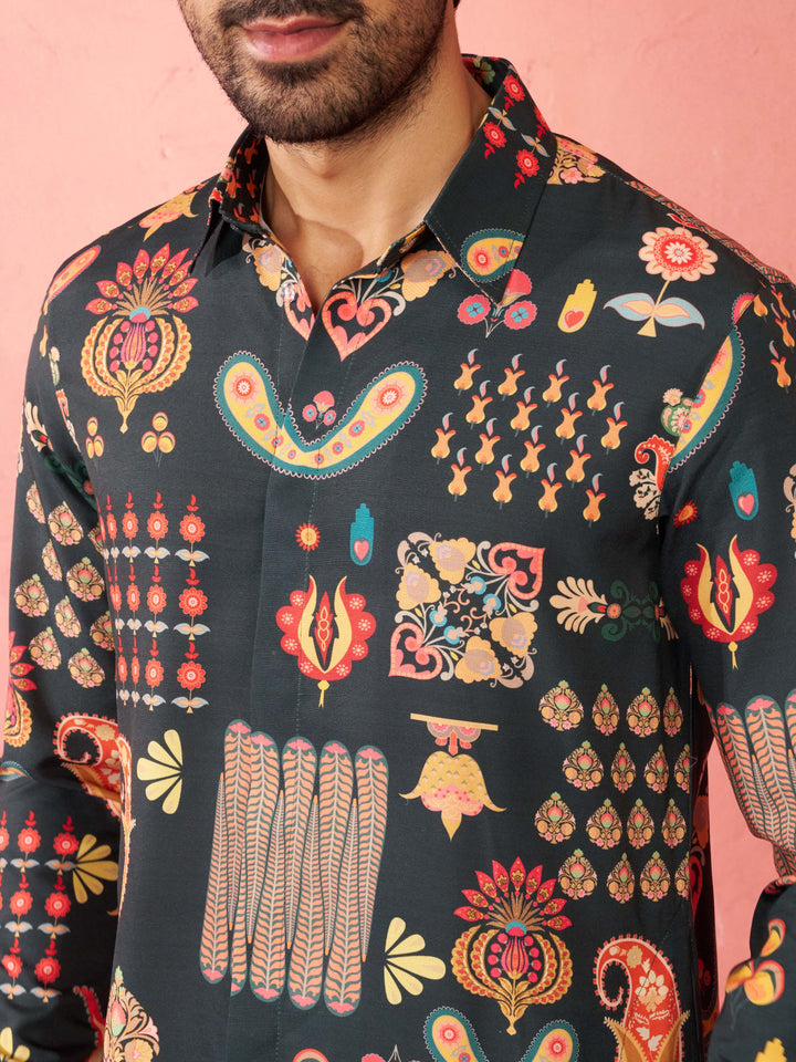 Men's Bottle Green Digital Print Kurta with Cream Palazzo Set