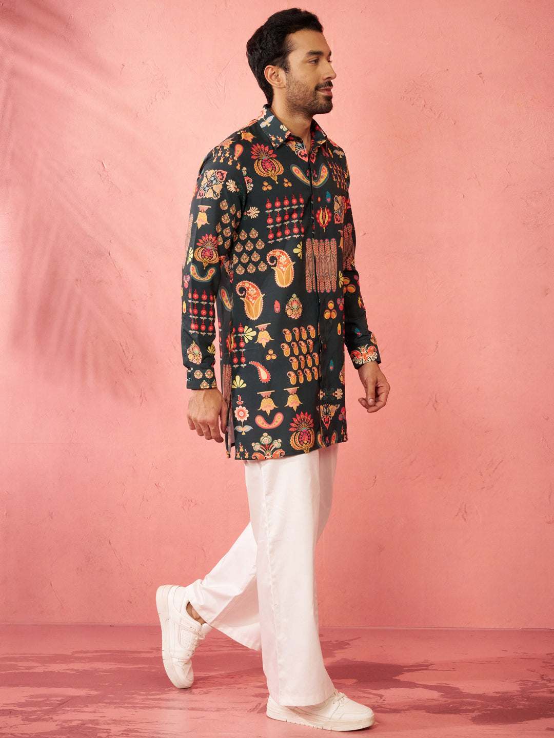 Men's Bottle Green Digital Print Kurta with Cream Palazzo Set